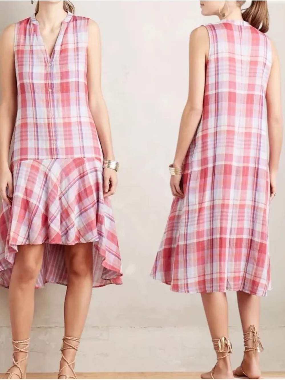 Maeve by Anthropologie Pippa Pink Plaid Sleeveless VNeck Button Down Drop Waist